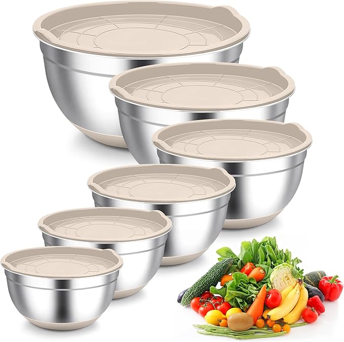 TeamFar Mixing Bowls, Stainless Steel Salad Bowls with Lids - Khaki