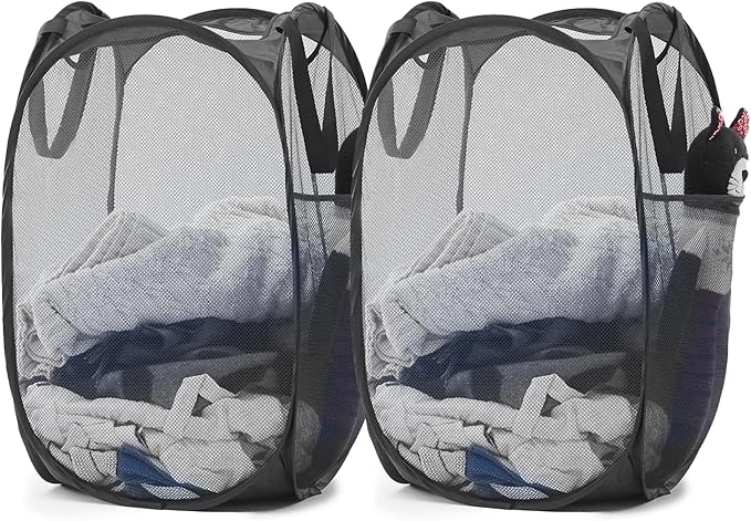 TECHMILLY Upgraded 105L Collapsible Mesh Pop Up Laundry Hamper with Sturdy Handles and Side Pocket - Portable Foldable Clothes Baskets for Dorm, Bathroom & Travel Storage (Black Plus，2 Packs)