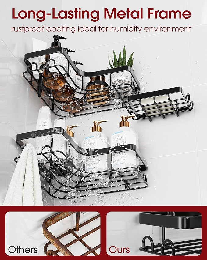 Corner Shower Caddy - 3-Pack Shower Organizer with Soap Holder & Built-In Hooks, Rustproof Metal Shower Shelves, Laundry, Kitchen, Bathroom Organizers and Storage Solution, Large, Black