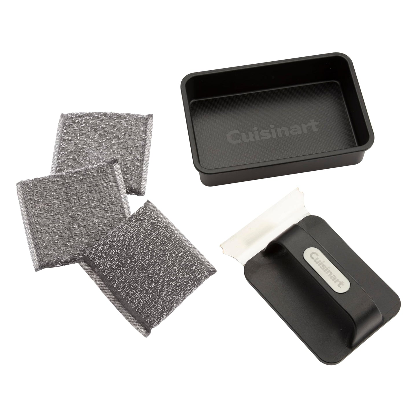 Cuisinart 5-Piece Grill & Griddle Scrubber Set, Bristle Free Stainless Steel 3 Steam Cleaning Sponges with Water Tray, Perfect for Grill & Griddle Cleaning Easy Stain Remover, BBQ & Camping Tool