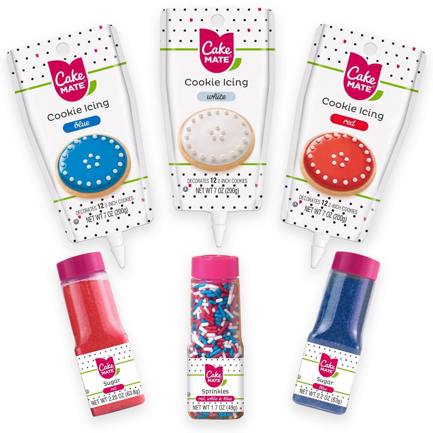 Cake Mate Christmas Cookie Decorating Kit – Red & Green Decorating Sugar (2.25 oz), White, Red & Green Cookie Icing Pouches (7 oz), Jingle Mix Non Pareil (2.1 oz) – Holiday, Cake, Cupcake & Dessert