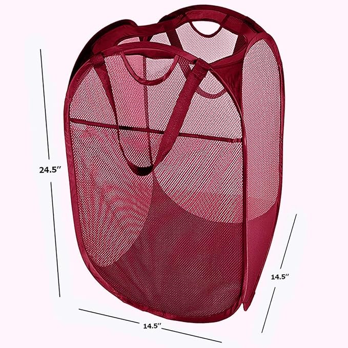 Strong Mesh Pop-up Laundry Hamper, Quality Laundry Basket with Durable Handles Solid Bottom High Carbon Steel Frame, Easy to Open and Fold Flat for Storage (Red)
