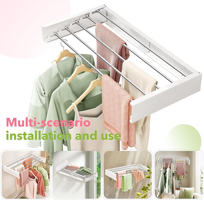 Wall Mounted Drying Rack,32 inches,Foldbale, Clothes Drying Rack,Laundry Drying Rack Wall Mount,Drying Rack Clothing Space Saver,Retractable,Collapsible,Folding Laundry Rack,White