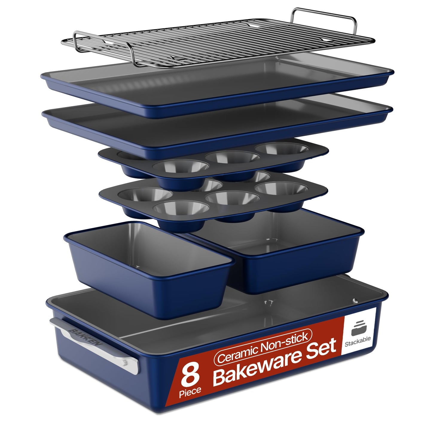 Bakken 8-Piece Ceramic Coated Bakeware Sets, Nonstick Aluminized Steel Pans with Muffin, Loaf, Cake, Roasting Pan, & Cooling Rack, Oven Safe Up To 500°F, Dishwasher Safe, BPA, PTFE & PFAS Free, Green