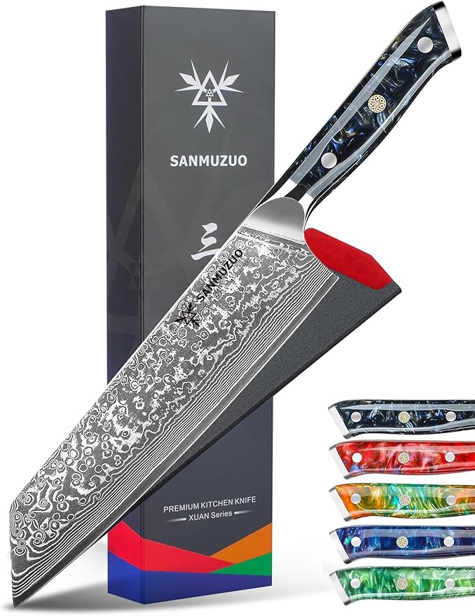 SANMUZUO 8.5 inch Kiritsuke Kitchen Chef Knife - 67 Layers Damascus Steel & Resin Handle - Xuan Series(Fantasy Orange)