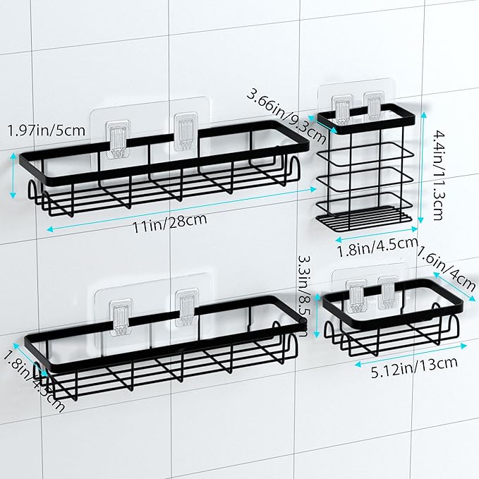 Shower Caddy Organizer with Hooks,Self Adhesive Bathroom Shelves,No Drilling Bathroom Organizers and Storage,Perfect for RV, Apartment, Home Decor,Black 4PCS
