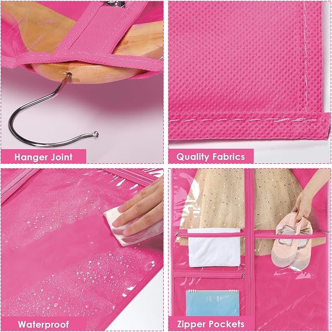 Univivi 40 Inch Clear Garment Bags for Dance Costumes, Kids Dance Costume Garment Bag for Hanging Clothes with 3 Medium Clear Zipper Pockets for Dance Costumes, Closet Storage(Rose Red)