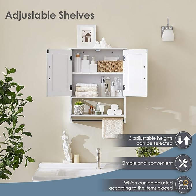 Wall Mounted Bathroom Cabinet, Farmhouse Medicine Cabinet with 2 Elegant Raised Panel Cabinet Doors, with Adjustable Shelf & Towel Bar – Over Toilet Storage Organizer for Small Spaces, White