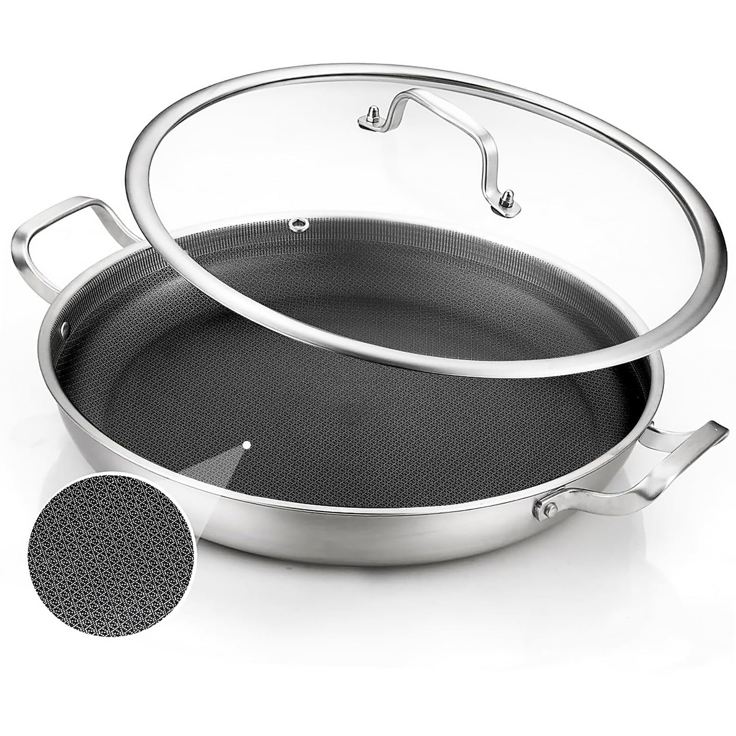 DELARLO 13 Inch Tri-Ply Stainless Steel Paella Pan With Lid, Big Frying Pan, kitchen Induction Large Skillets,Great for Paella Parties Indoors Outdoors,Heavy Duty Style