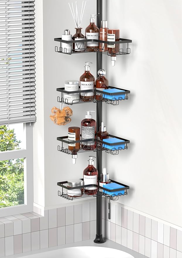 ZUNTO Shower Caddy Corner for Bathroom, Tension Pole, Adjustable 25in-114in Floor to Ceiling, Standing Shower Tension Rod Organizer with Hooks, 4 Tier Storage Shelves, Matte Black