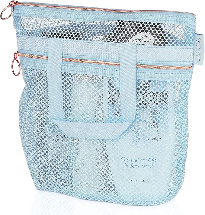 Mesh Shower Bag 10.2x9.9'' Quick-Dry Caddy with Zipper & 2 Pockets. Portable Toiletry Tote for Bathroom, Gym, Travel, Camp, Beach, for Sunscreen, Dorm & College Essentials (Blue)