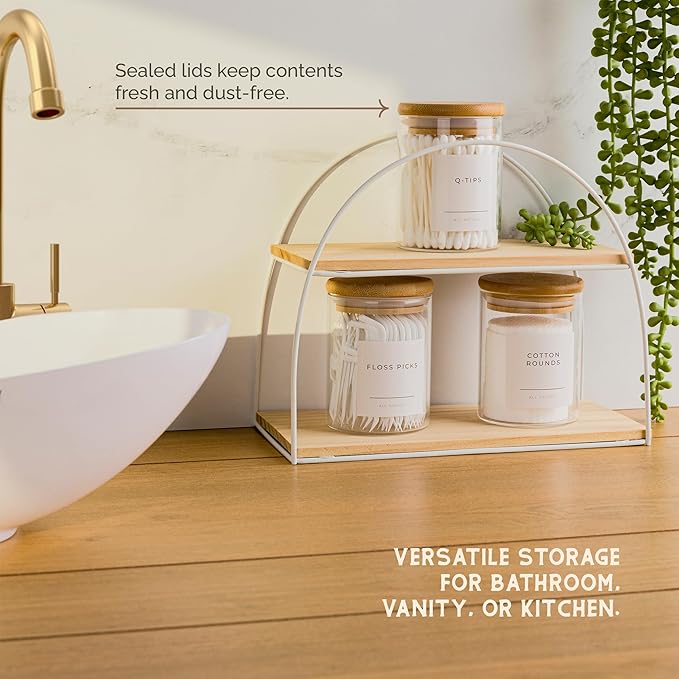 Mini Glass Apothecary Jars with Bamboo Lids, Small Bathroom and Kitchen Storage Containers, For Cotton Balls, Pads and Swabs, 10 oz, Set of 3 (Clear)