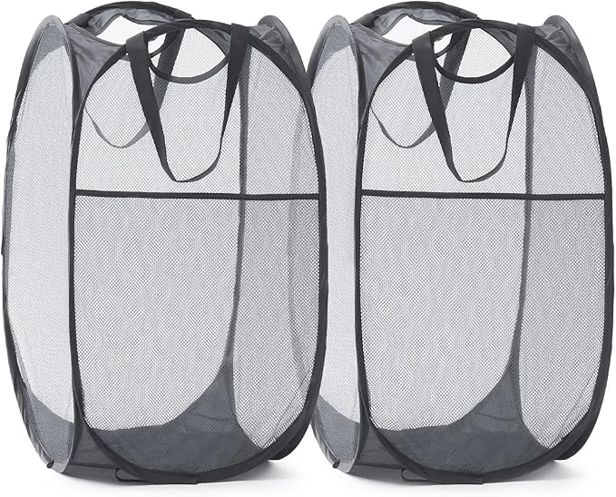 TECHMILLY Collapsible Mesh Pop Up Laundry Hamper with Sturdy Handles and Side Pocket - Portable Foldable Clothes Baskets for Dorm, Bathroom & Travel Storage (Grey, 2 Packs)