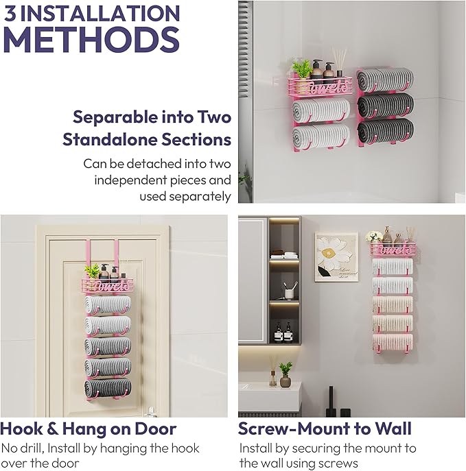 SWTYMIKI Hanging Towel Racks for Bathroom - 9 Tier Over The Door & Wall Mounted Bath Rolled Towel Storage Organizer Holder for Small Bathroom, RV, Camper (Pink, 6-Tier)