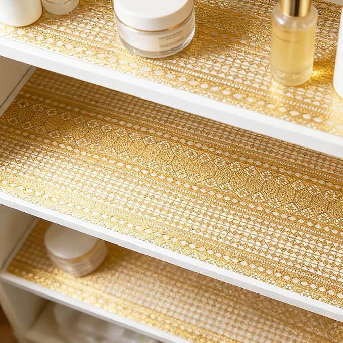 Drawer and Shelf Liner - Gold Geometric Lace Pattern,Non Adhesive Non Slip Waterproof Easy-Clean Shelf Liner for Kitchen Cabinet, Refrigerator, Bathroom, Pantry Storage Drawers, 17 in x 20 Ft