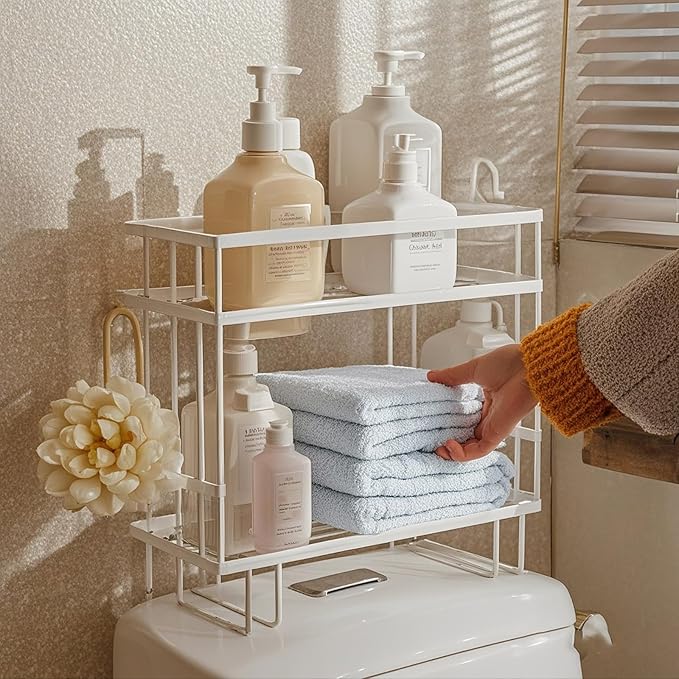ShellKingdom Over The Toilet Storage Shelf, 2 Tier Toilet Paper Holder Stand Shelves, Punch-Free Bathroom Storage Rack with 2 Hooks, Small Space Organizers for Bathroom, Home, Countertop, White