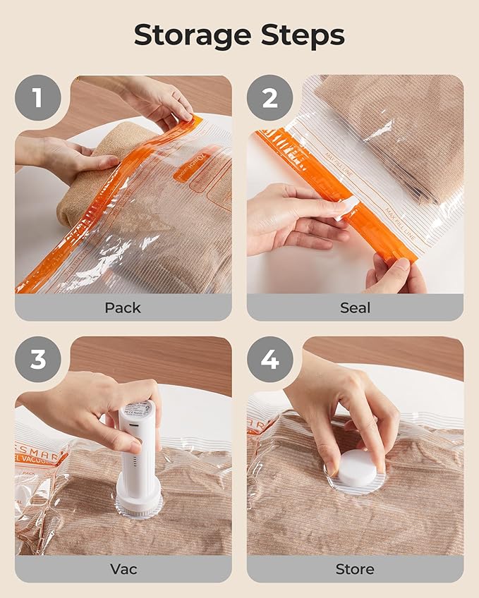 BAGSMART Vacuum Storage Bags for Travel with Rechargeable Air Pump, 12 Pack Portable Space Saver Bags for Travel & Home, Vacuum Compression Seal Bag for Clothing, Blanket, Duvets