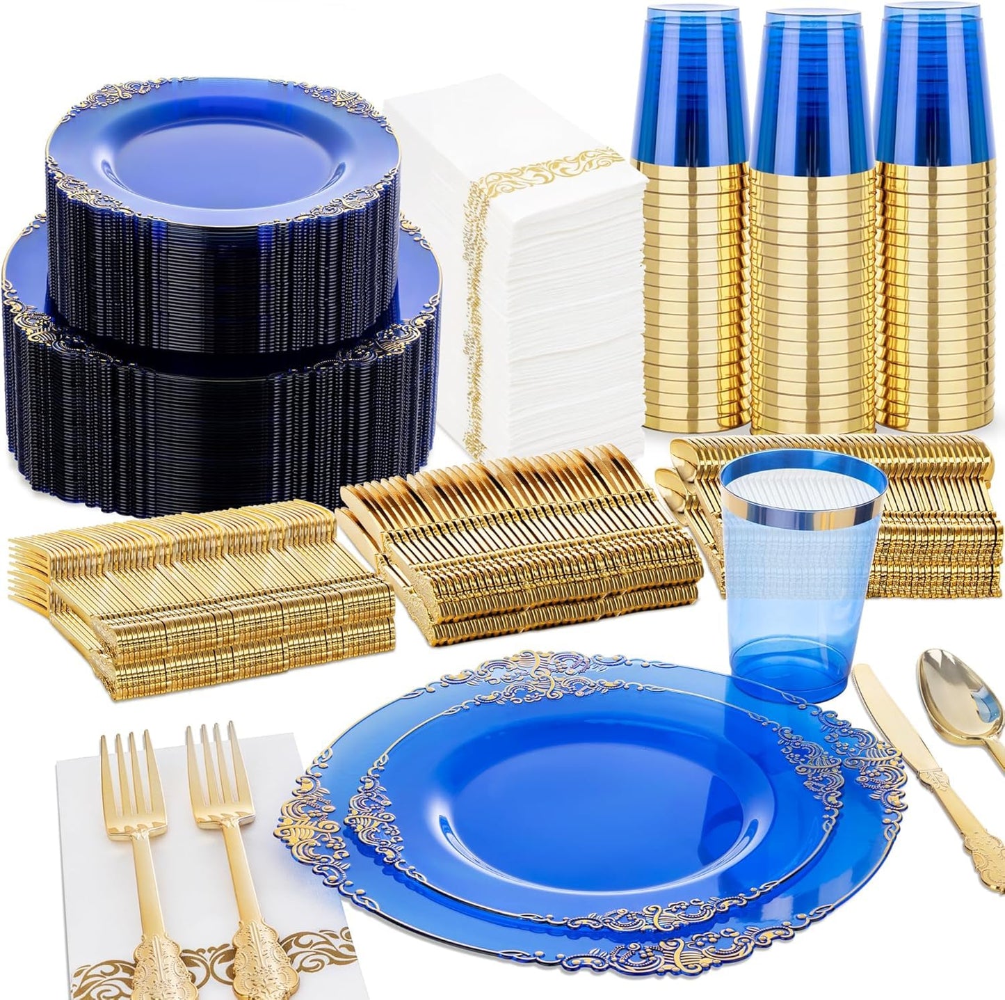 Nervure 350Pcs Purple Plastic Plates, Plastic Dinnerware Set for 50 Guests