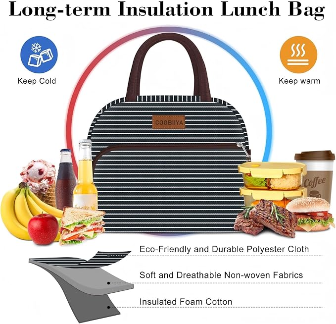 Coobiiya Lunch Bag Women, Lunch Box for Women Adult Men, Small Leakproof Cute Lunch Tote Large Capacity Reusable Insulated Cooler Lunch Container for Work/Office/Picnic/Travel-Black Plaid