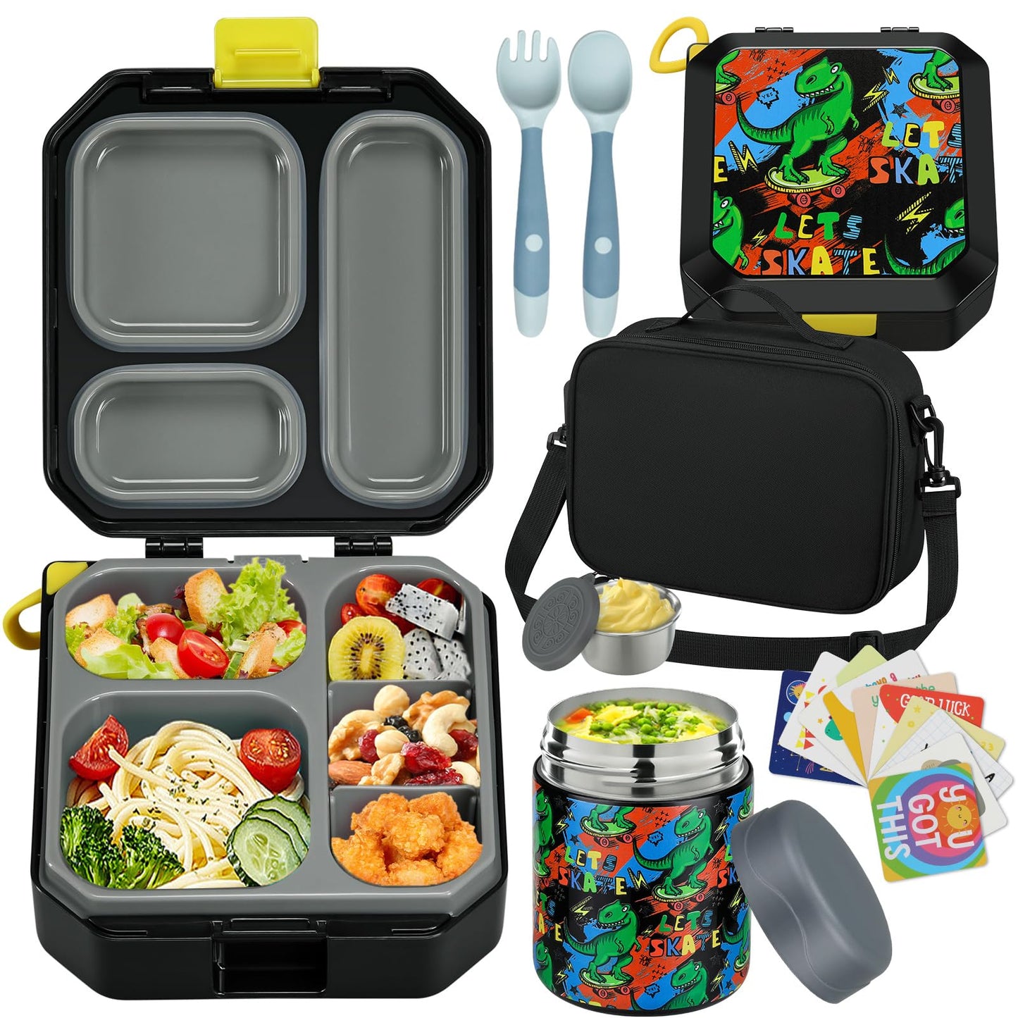 wiwens Bento Lunch Box for Kids with 12oz Soup Thermo Leak-Proof Lunch Food Container with 5 Compartment Thermo Hot Food Jar and Insulated Lunch Bag for Kid Toddler Girls Boys to School