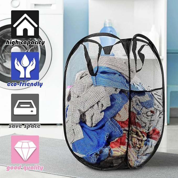 Collapsible Pop Up Laundry Hamper, Extra Large Mesh Foldable Laundry Basket Bag, 28" x 16" x 16", 4 Pack (Black + Pink + Grey + Blue)