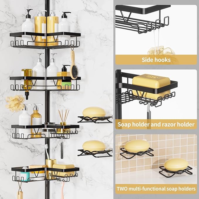 Corner Shower Caddy + 2 Soap Holders, 4 Tier Shower Caddy Tension Pole Stainless Steel Black, Extends 25-114.2 Inches, for Bathroom Organizers and Storage, Renter-Friendly and Gift Idea