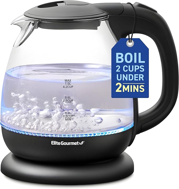 Elite Gourmet EKT1001 1.0L Glass Kettle, 1100W, Cordless Base, Black