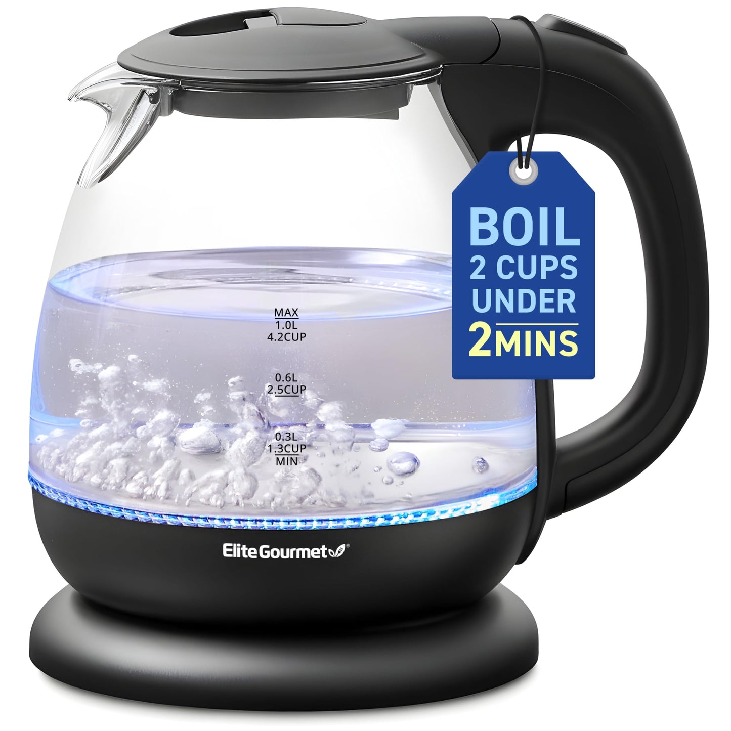 Elite Gourmet Dual-Voltage Travel Kettle, 0.6L Stainless Steel, Black