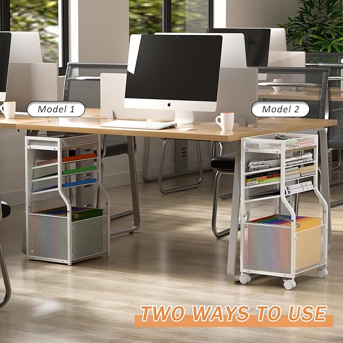 5-Tier Rolling File Cart with Hanging File Folders, Mobile Desk File Organizer on Lockable Wheels, Wood & Mesh Paper Letter Sliding Trays Organization for Office, Home, School, Patent
