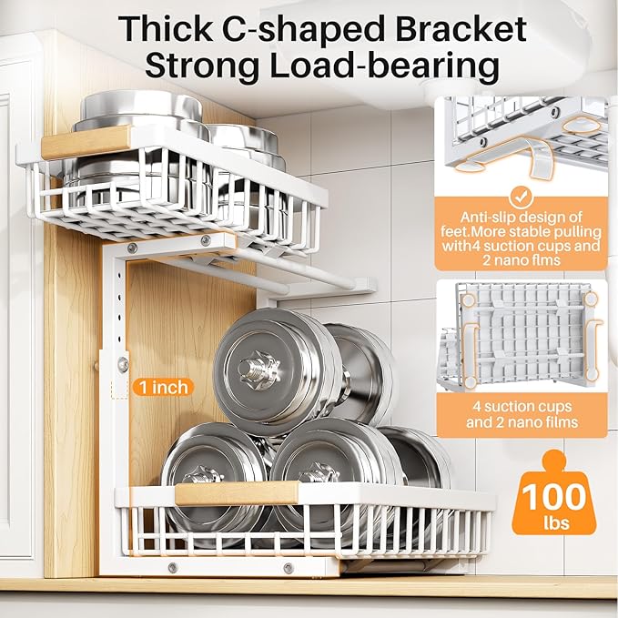 PXRACK Under Sink Organizer, Adjustable Height, 2-Pack 2 Tier Pull Out Under Cabinet Organizer, Slide Out Thickened Metal Under Sink Storage for Kitchen Bathroom Laundry Pantry Cabinet, L, White