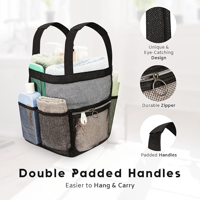 Mesh Shower Caddy Dorm, 7 Pockets & 1 with Zipper, Shower Tote with Padded Handles, Travel Portable, Shower Caddy College Room Essentials, Bathroom Shower Bag (Black)