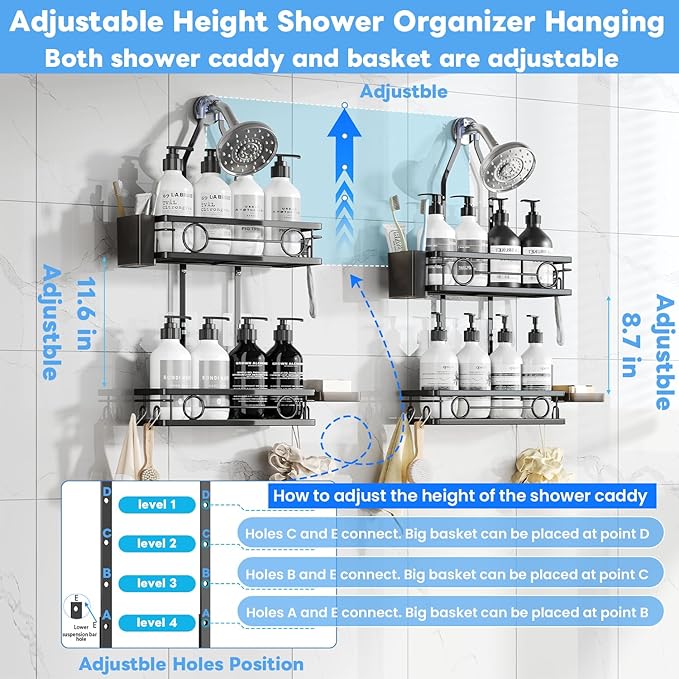 Adjustable Shower Caddy Hanging Rustproof Large-Capacity Bathroom Organizer Shower Racks with Hooks for Razor Bathroom Organizers and Storage