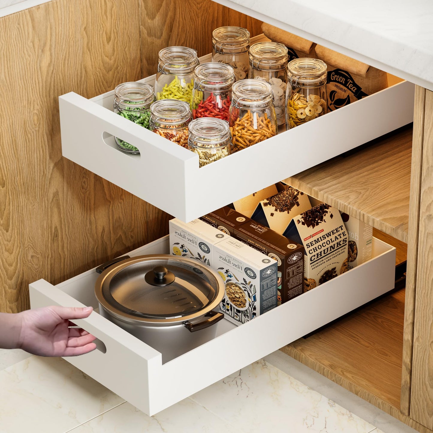 HBL' 2 Pack | 21" Deep Pull Out Cabinet Organizer Adhesive, (13.8" to 22.0") Width Expandable Sturdy Carbon Steel Roll-Out Drawers, Designed for Frameless Cabinets, Slide-Out Shelves for Pantry.