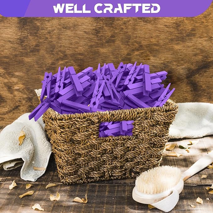 Colored Clothes Pins Wooden 100 Pack, Purple Clothespins Wood, Clothes Clips for Craft Shower Classroom, 2.9 Inch