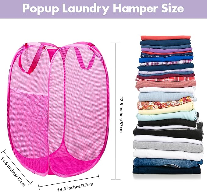 DUCOO Pop Up Hamper, 1 PCS Mesh Pop Up Laundry Hamper, Foldable Mesh Laundry Basket with Space-Saving Design for Home, Dorm, Travel & Storage - Pink