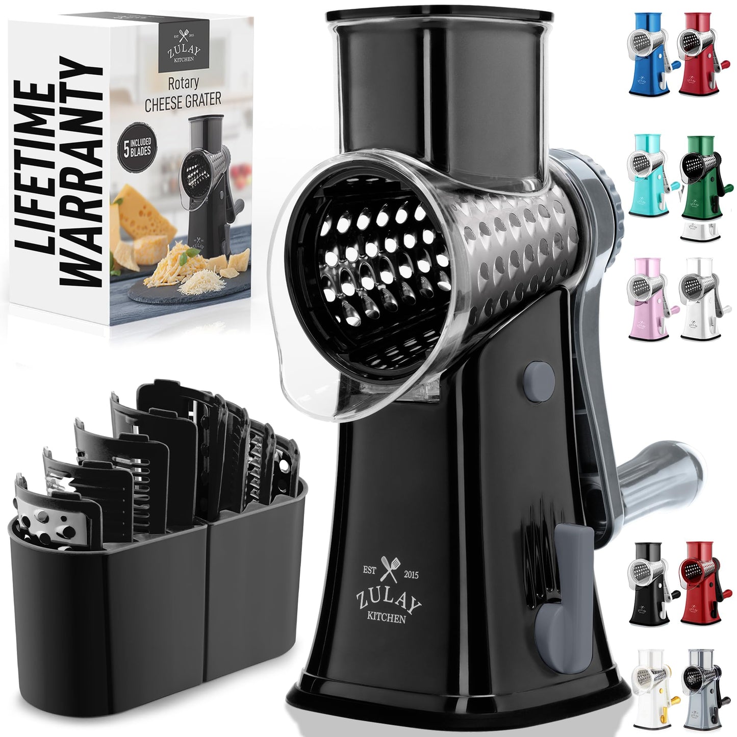 Zulay Kitchen Rotary Cheese Grater 5 Blade Cheese Shredder - Manual Hand Crank Cheese Grater With Reinforced Suction & 5 Interchangeable Drums - Easy to Use, Vegetable Chopper Round Mandoline Slicer