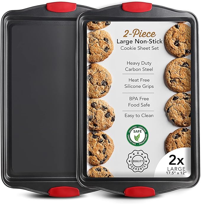 Eatex Nonstick Baking Sheet Set, 3-Piece Baking Pans Set with Silicone Handles, Carbon Steel Cookie Sheets for Baking, Commercial Grade Quality Oven Tray, Quarter/Jelly Roll/Half Sheet Pans for Baking