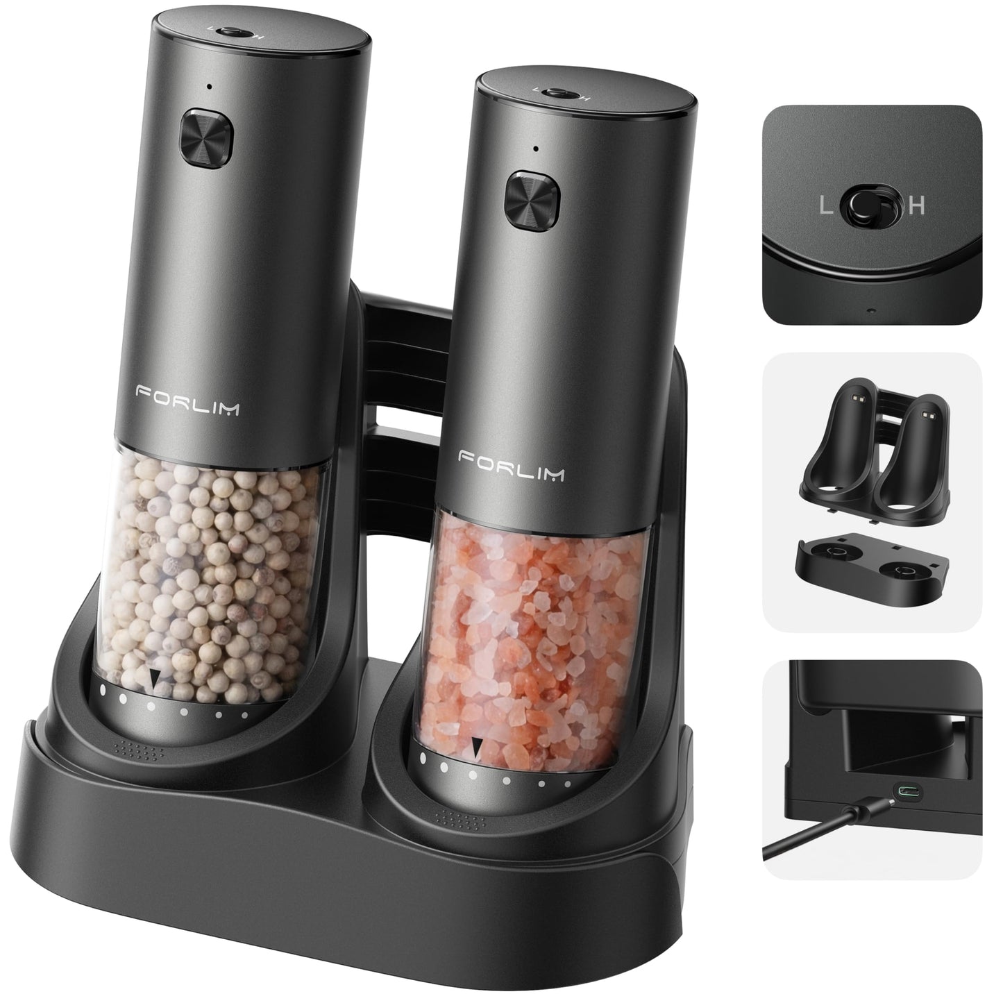 FORLIM 2 Speed Electric Salt And Pepper Grinder Set, Metallic Gunmetal