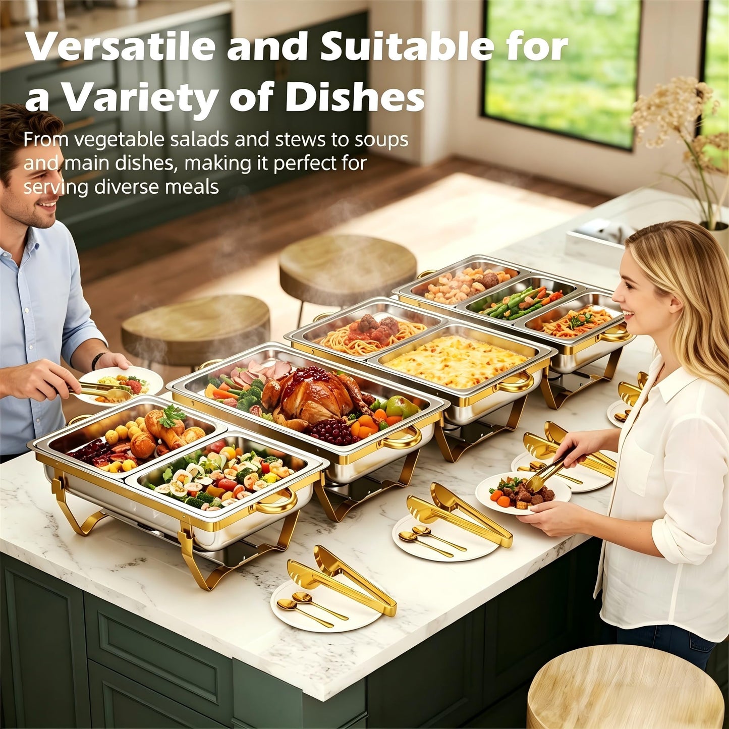 4 Pack Stainless Steel Chafing Dishes for Buffet, 9 QT Capacity 7 Pans Food Warmers for Parties, Weddings, Events Hosting, Family Gatherings, Full Set Catering Server with Serving Utensils Accessories
