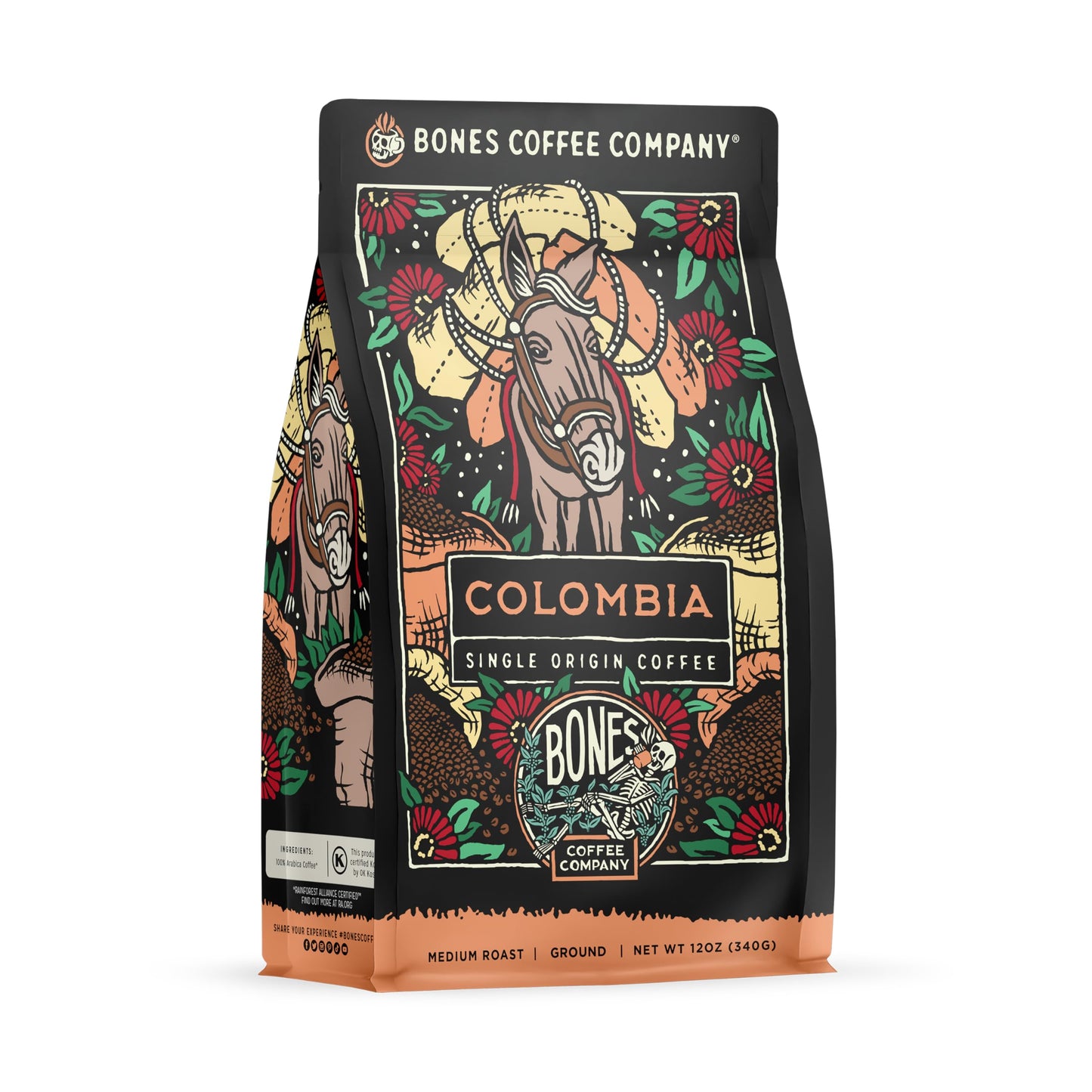 Bones Coffee Company Ethiopia Single-Origin, Citrus, Floral and Berries Notes, Whole Coffee Beans, Low Acid Medium Roast Arabica Beans Flavored Coffee, 12 oz Whole Bean