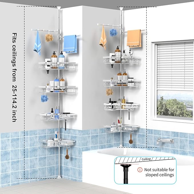 KEGII Shower Caddy Tension Pole with 2 Towel Bars, Adjustable Corner Bathroom Organizer, Rustproof Bathtub Storage Shelves for Shampoo, 25–114.2 Inch Shower Corner Rack for Renters & Family, Silver