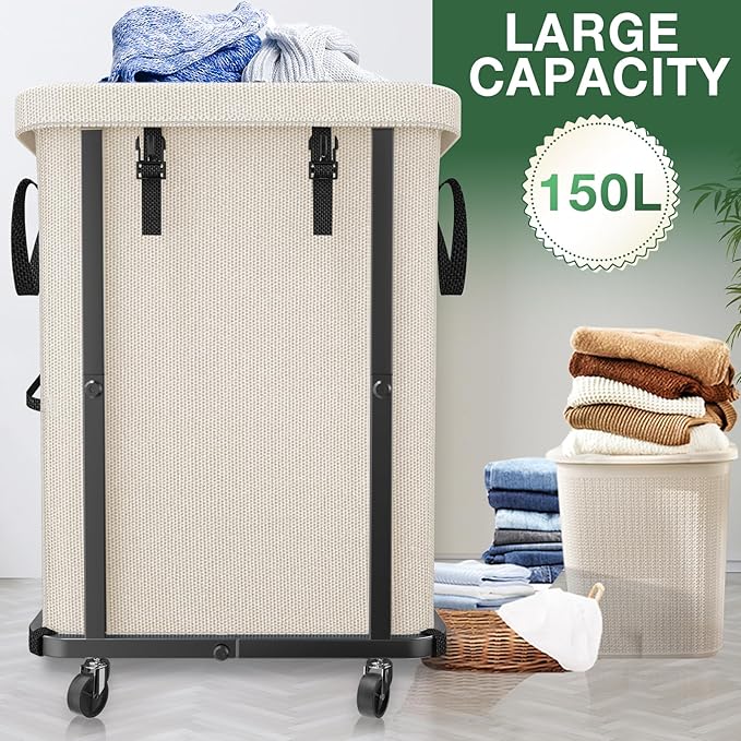 40 Gal(150L) High Grade Large Laundry Basket with Wheels, Rolling Laundry Hamper, Laundry Cart with Metal Frame and Removable Bag Design, Suitable for Laundry Room, Bedroom (White, 150L)