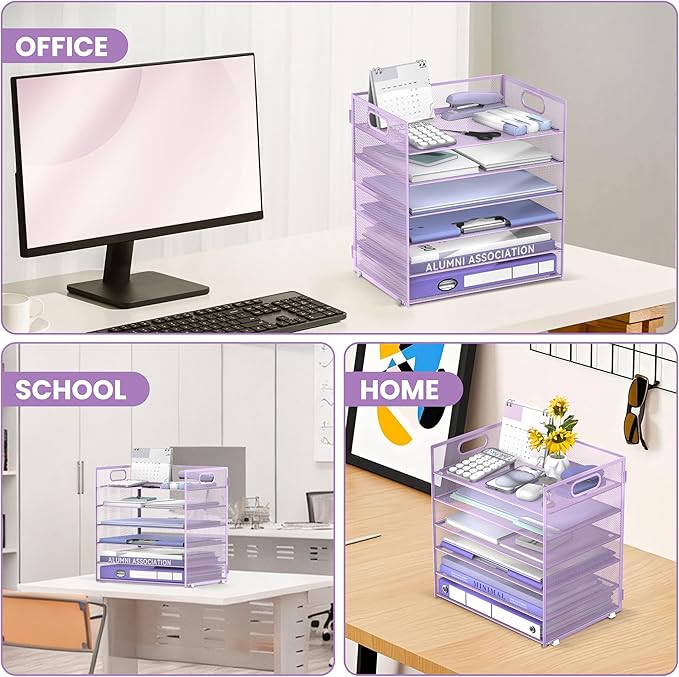 Daltack 6 Tier Paper Organizer for Desk, Paper Letter Tray Organizer for Desks, Mesh Desk File Organizers with Handle for Office, Home, School, Purple