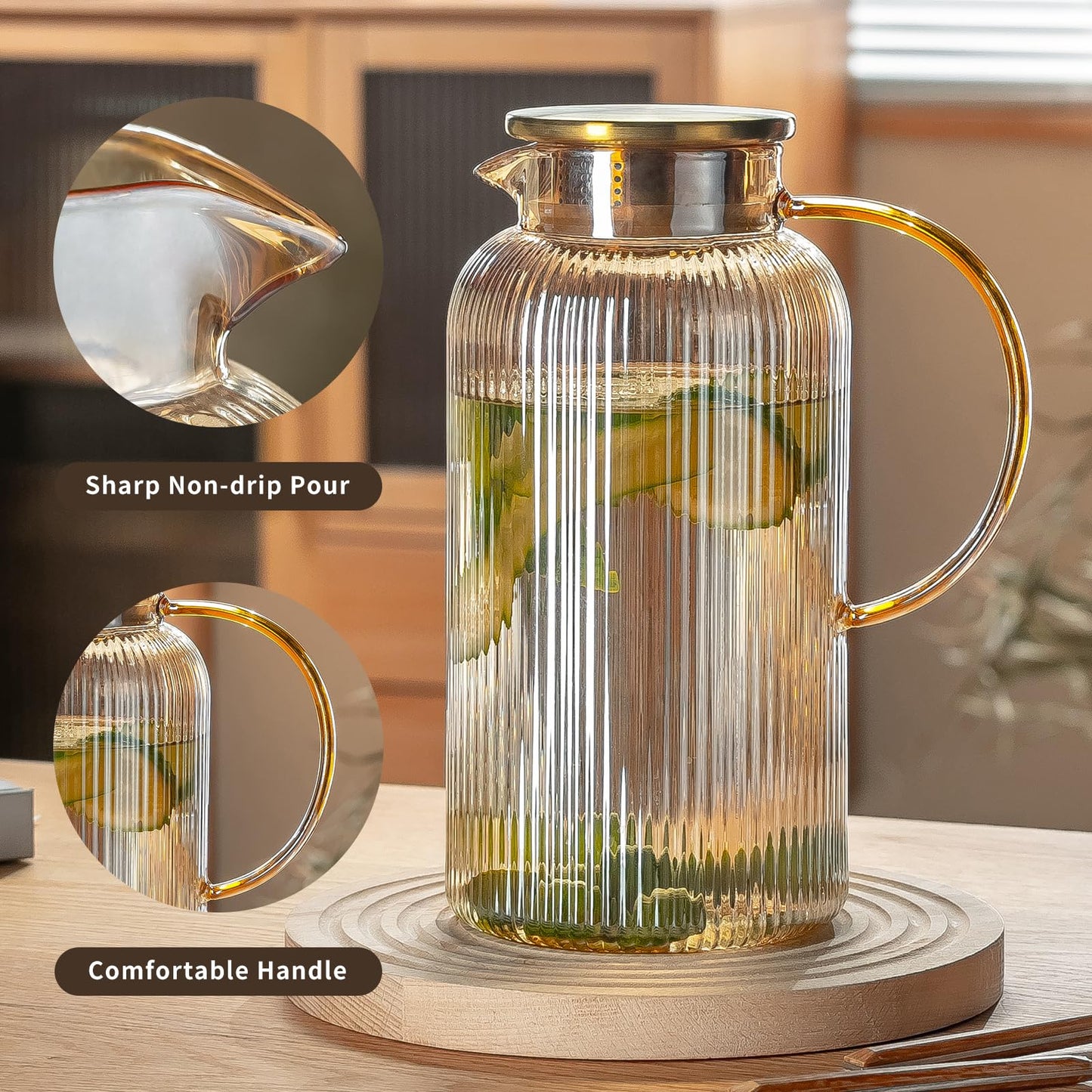 Buaic 2 PACK Glass Pitcher with Lid, 68 oz Glass Carafe with Silicone Base