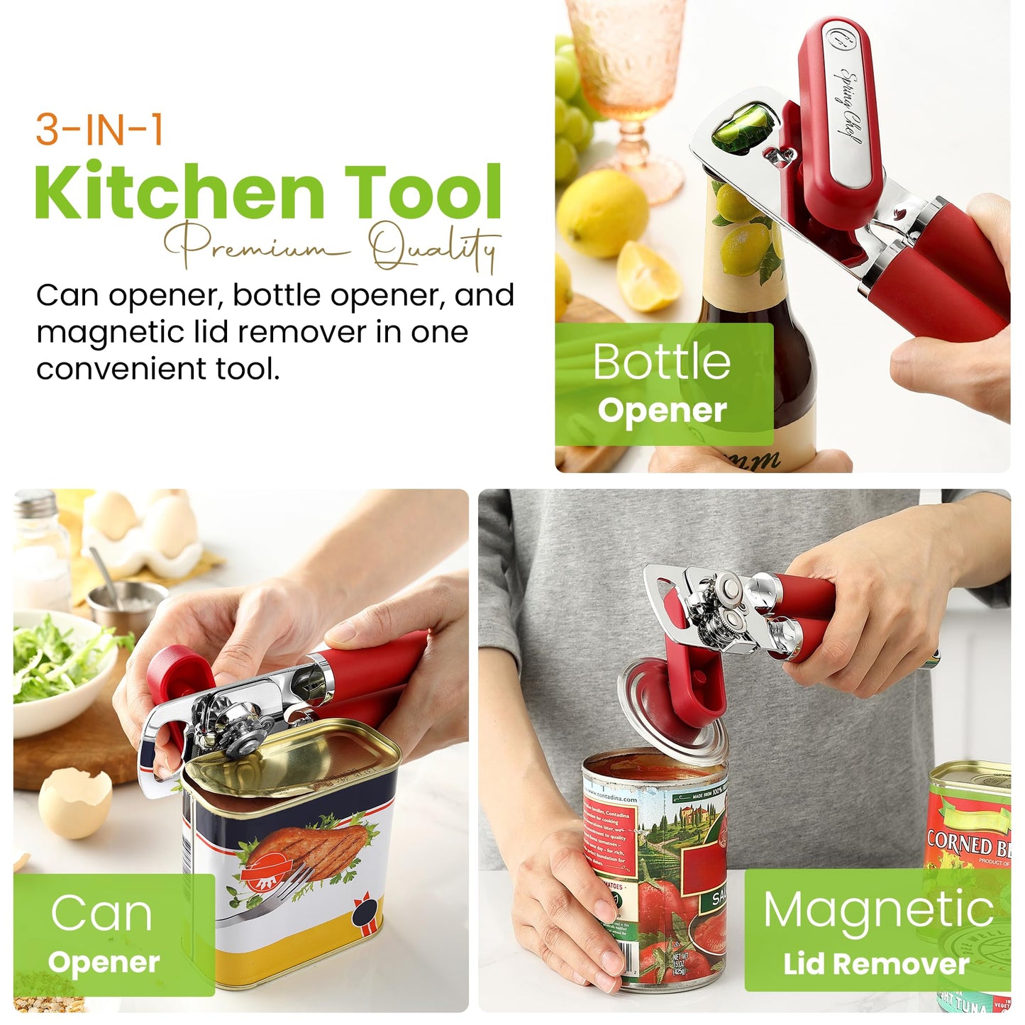 Spring Chef Stainless Steel Manual Can Opener w/Soft Grip Handle, Aqua Sky