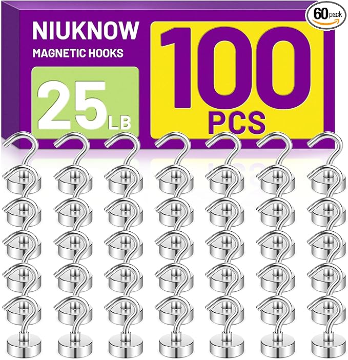 100Pack Heavy Duty Magnetic Hooks, 25 lbs Strong Neodymium Magnet Hooks for Hanging Mugs, Magnetic Key Holder for Fridge, Magnet with Hook for Cruise, Grill, Fridge - Silver