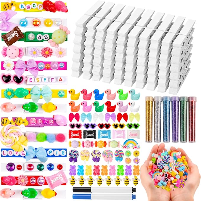 80 Set Cheer Pins Spirit Clips Clothes Wooden Pins for Backpacks Include 90 Mini Resin Animals 30 Mini Bows 500 Beads Cheer Clothespins Decorations Ribbon Team Classroom Cheer Gifts Bulk（White）
