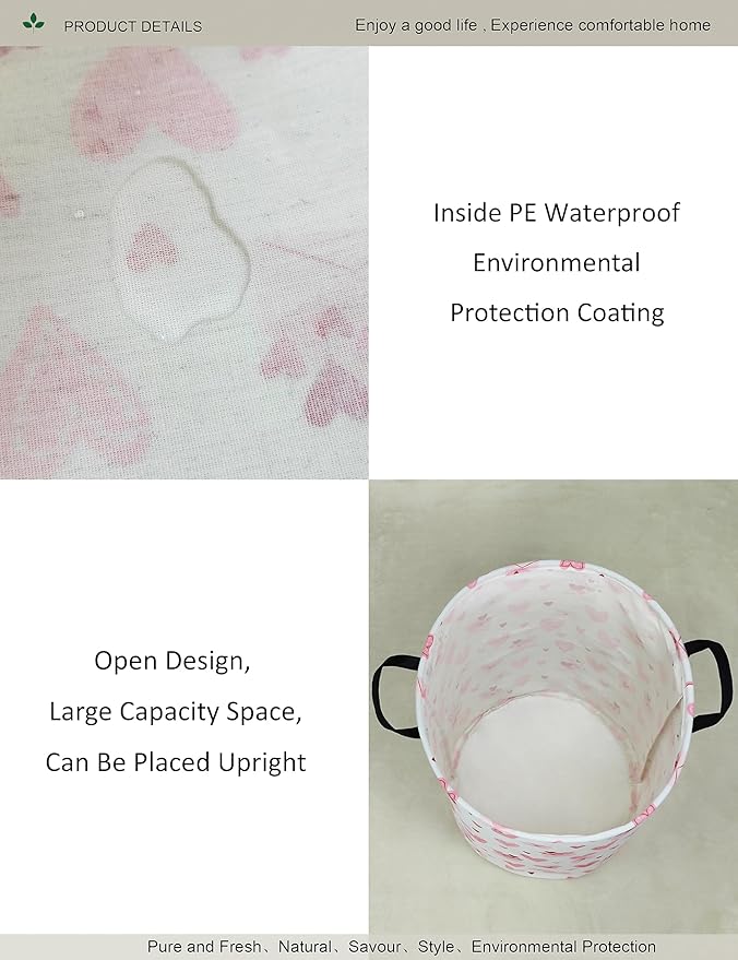 Round waterproof laundry basket,laundry Hampers with handle,gift basket,suitable for children's room and toy storage (Pink Love)