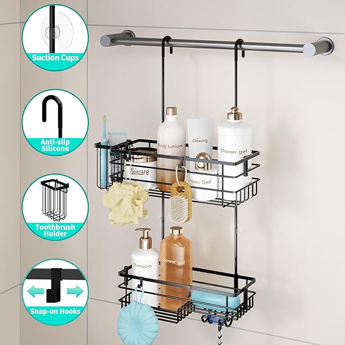 HapiRm Hanging Shower Caddy Organizer - No Drilling Shower Shelves with Hooks and Toothbrush Holder, Rustproof 304 Stainless Steel Bathroom Organizer - Black