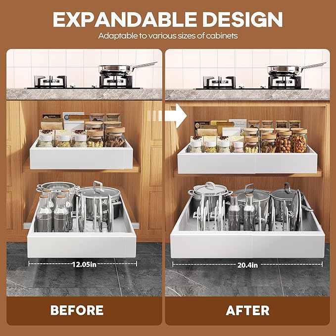 4Pack Expandable Pull Out Cabinet Organizer 21"Deep with Raising Pad for Framed Cabinets,Slide Out Drawers with 4pcs Divider Racks,Roll Out Shelves Adhesive,Adjustable Width 12.05"-20.4"White